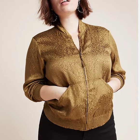 MAEVE Anthropologie Gold Brown Silky Leopard Light Bomber Jacket Size Small - Picture 1 of 10